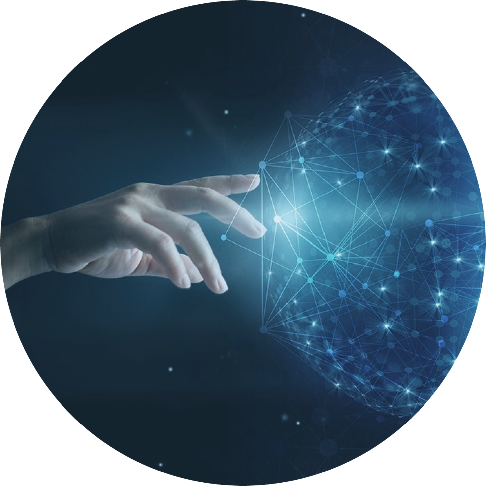 A hand is touching a glowing globe in a circle.