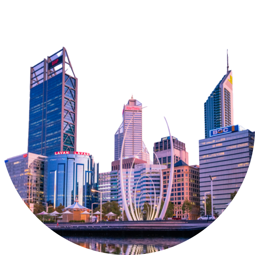 A city skyline with a river in the foreground