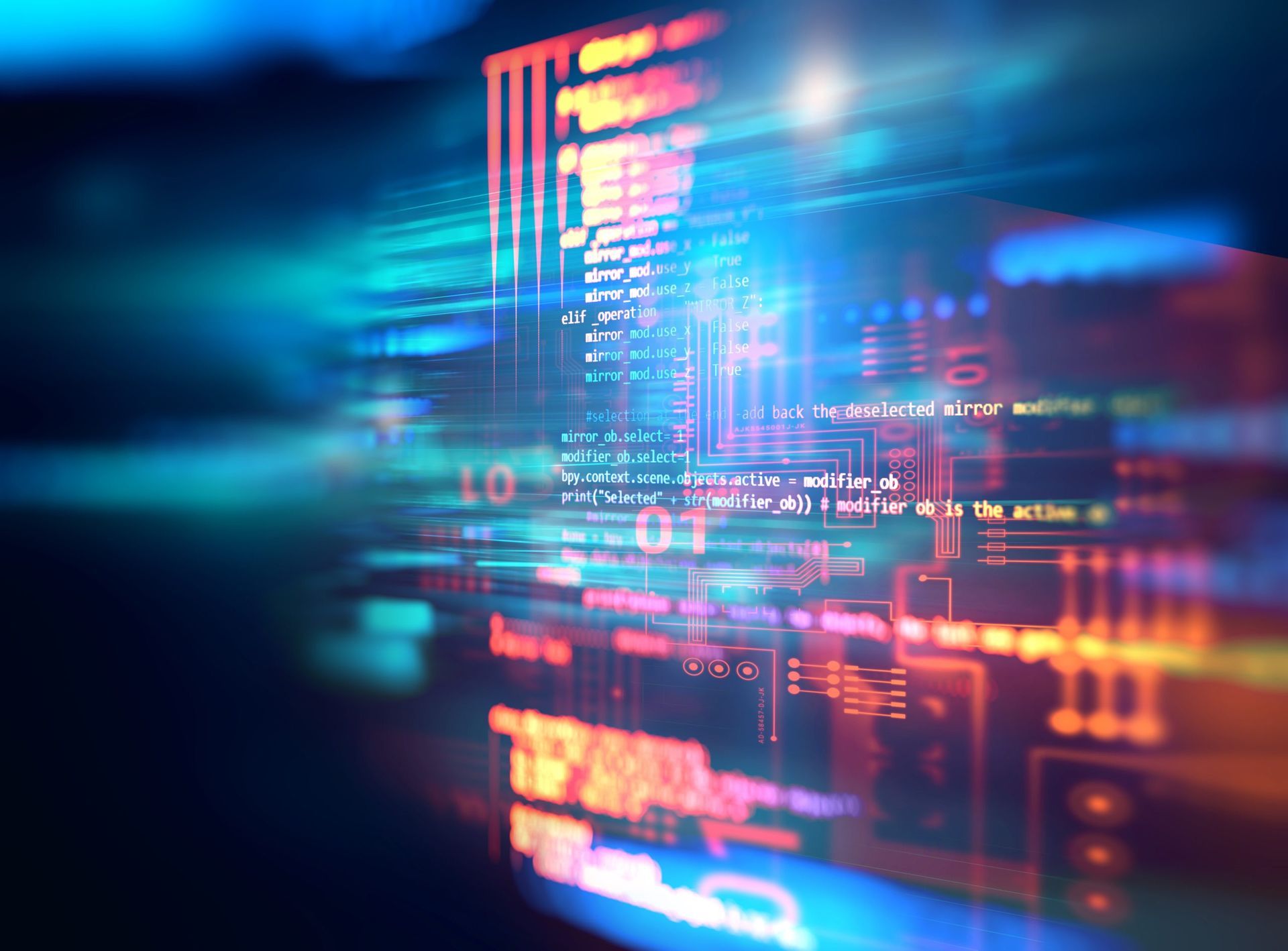 Abstract illustration of glowing code and circuits in shades of blue and orange.