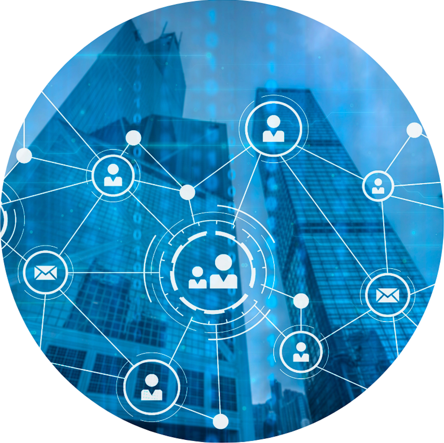 A circle with a bunch of icons on it and a building in the background.