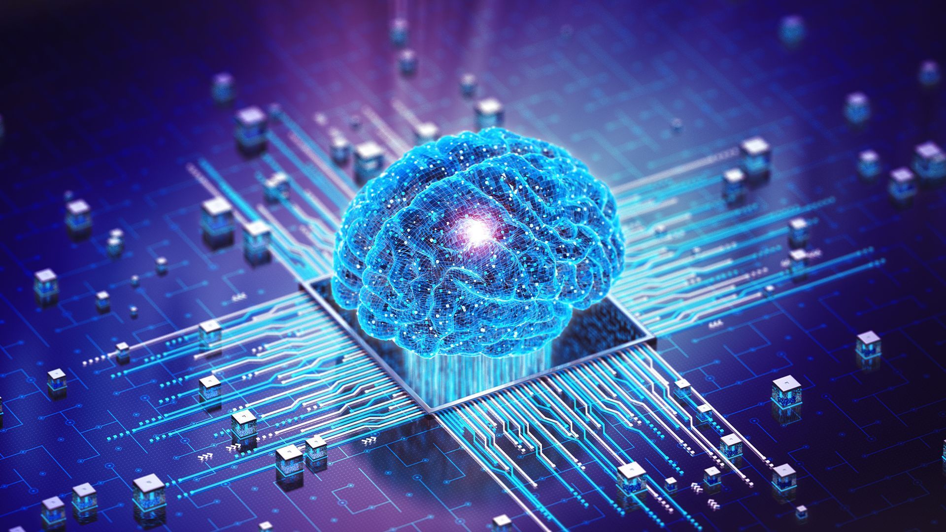 Blue digital brain over a circuit board, with glowing lines and a futuristic feel.