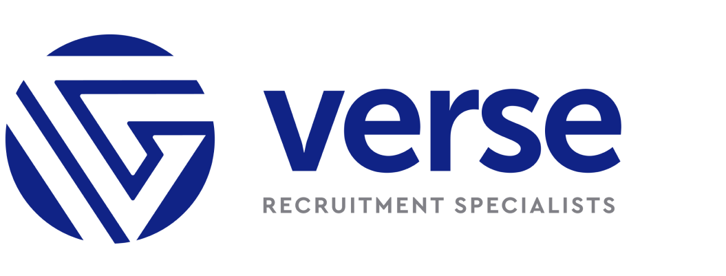 The logo for verse recruitment specialists is blue and white.