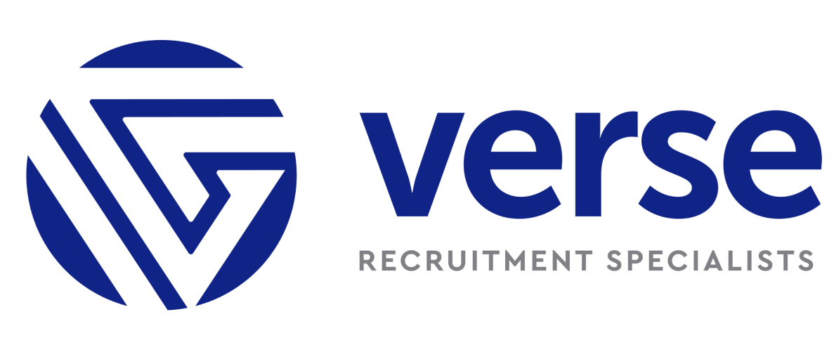 A blue and white logo for verse recruitment specialists.