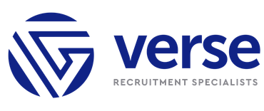 A blue and white logo for verse recruitment specialists.