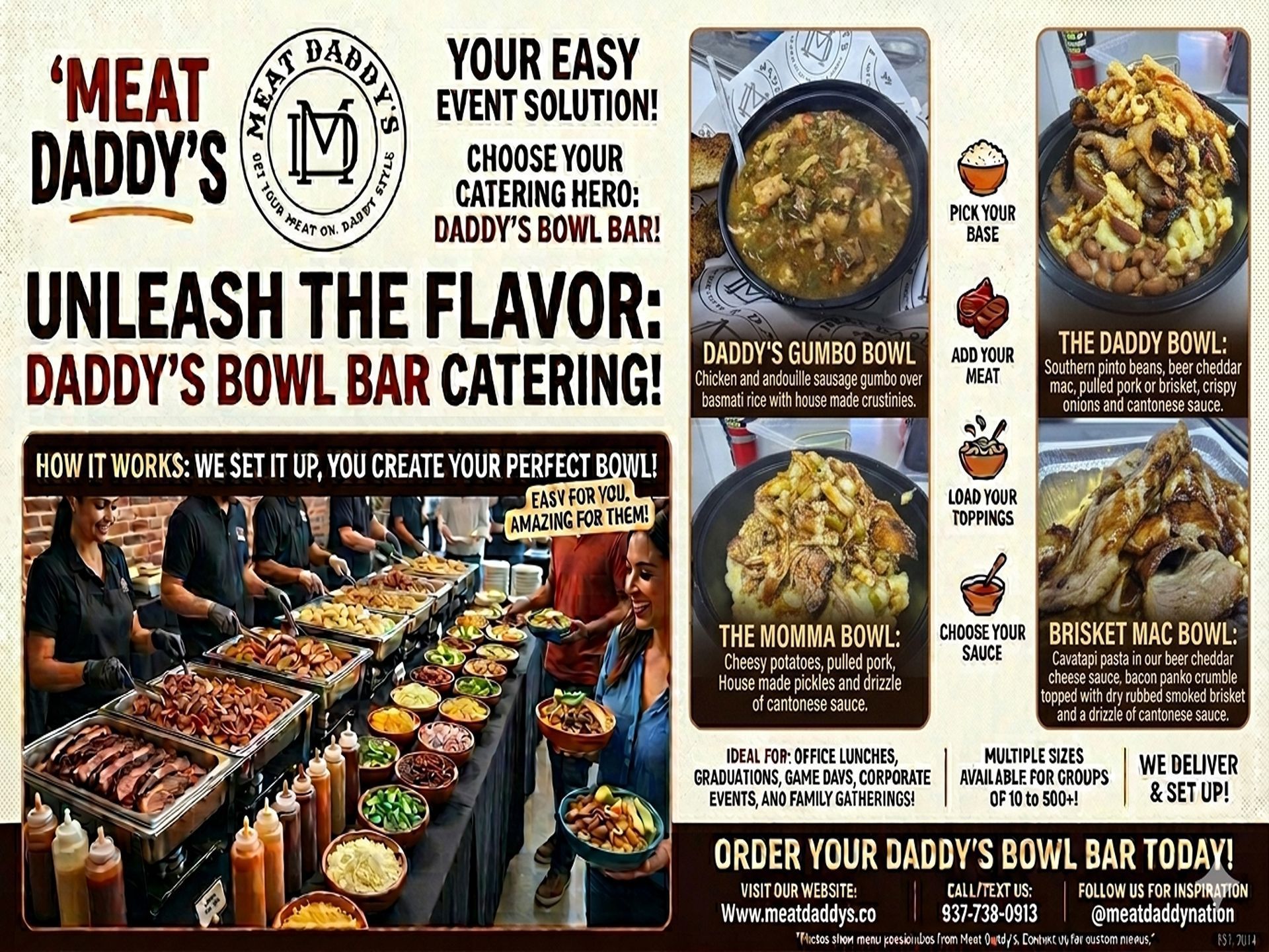 Meat Daddy's Bowl Bar catering ad with loaded bowls and bold red headline on black background