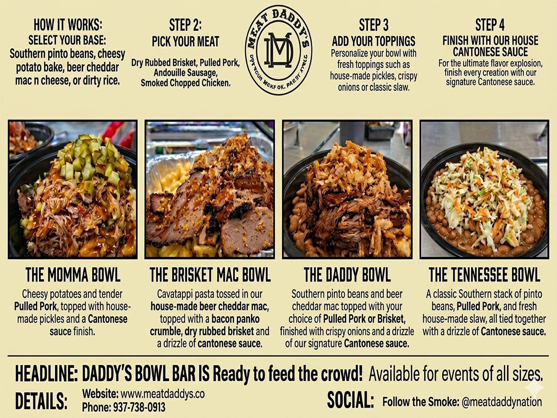 Infographic of four colorful bowl recipes with steps and photos for Headhunty’s Bowl Bar.