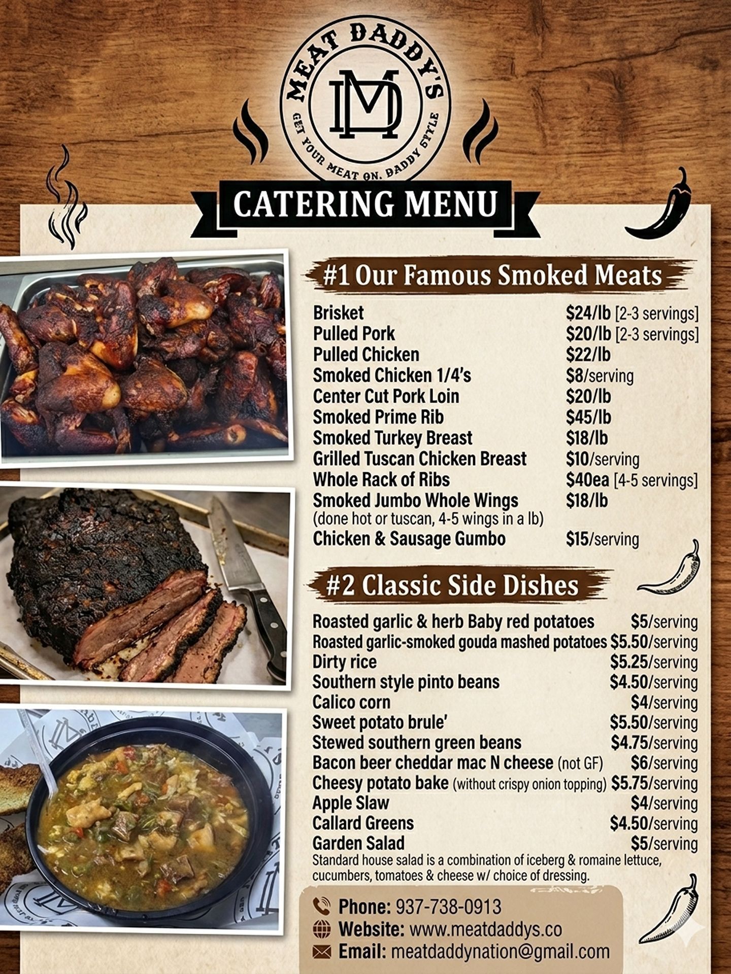 Catering menu for smoked meats and classic side dishes with food photos and prices