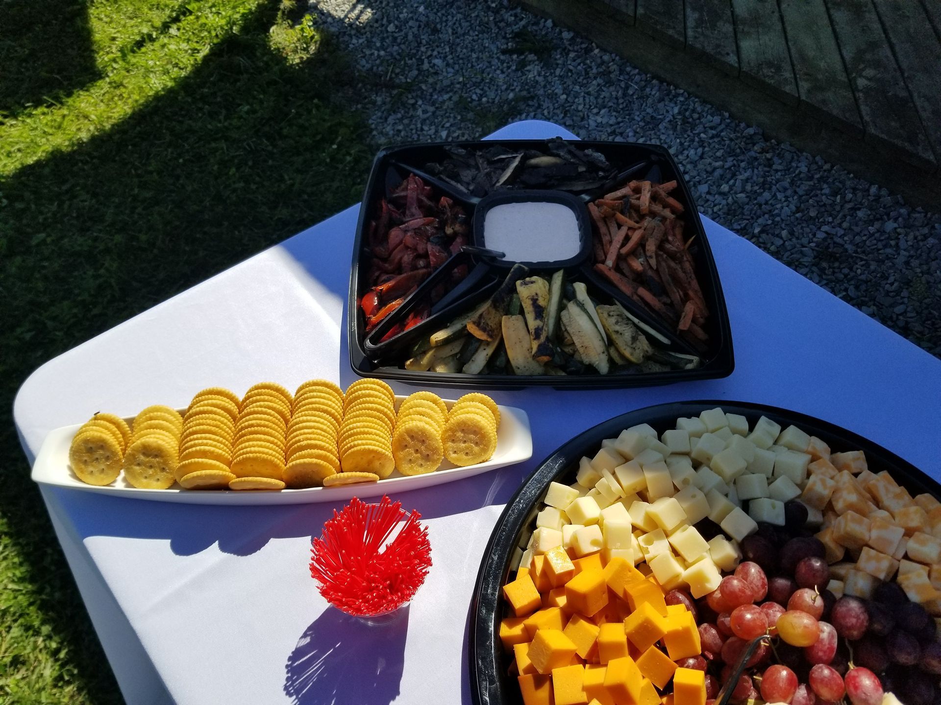 Outdoor buffet table with trays of crackers, pretzels, cheeses, grapes, and a red flower centerpiece