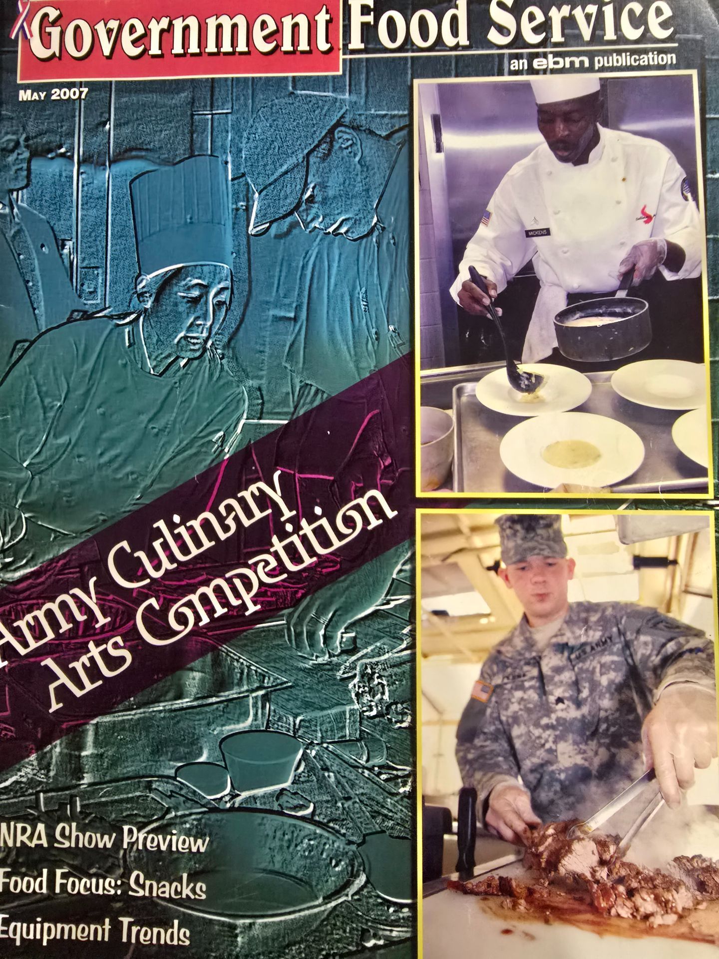 Government Food Service cover showing Army Culinary Arts Competition with chefs plating and carving food