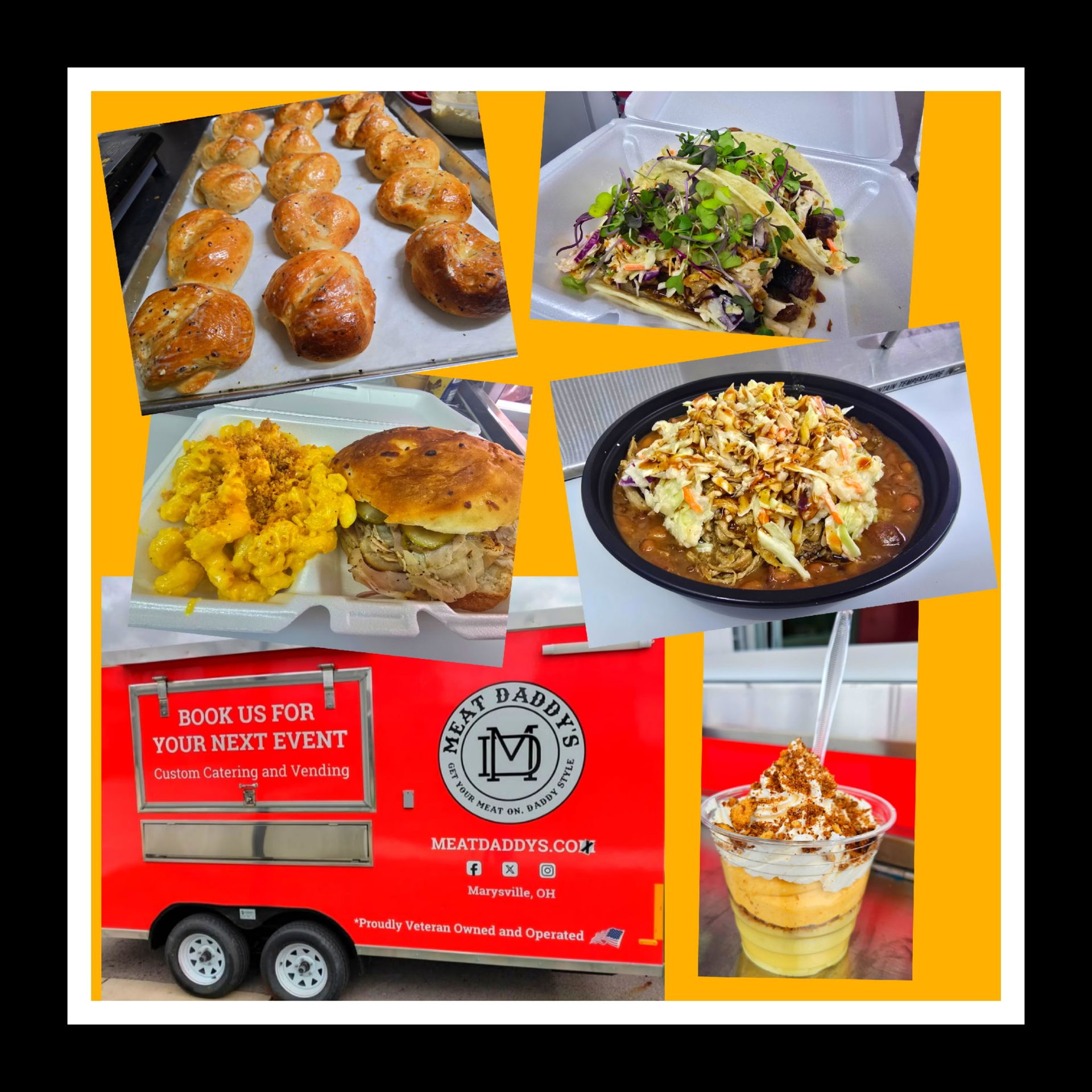 Red food truck collage with pastries, plated meals, and a dessert drink on an orange background