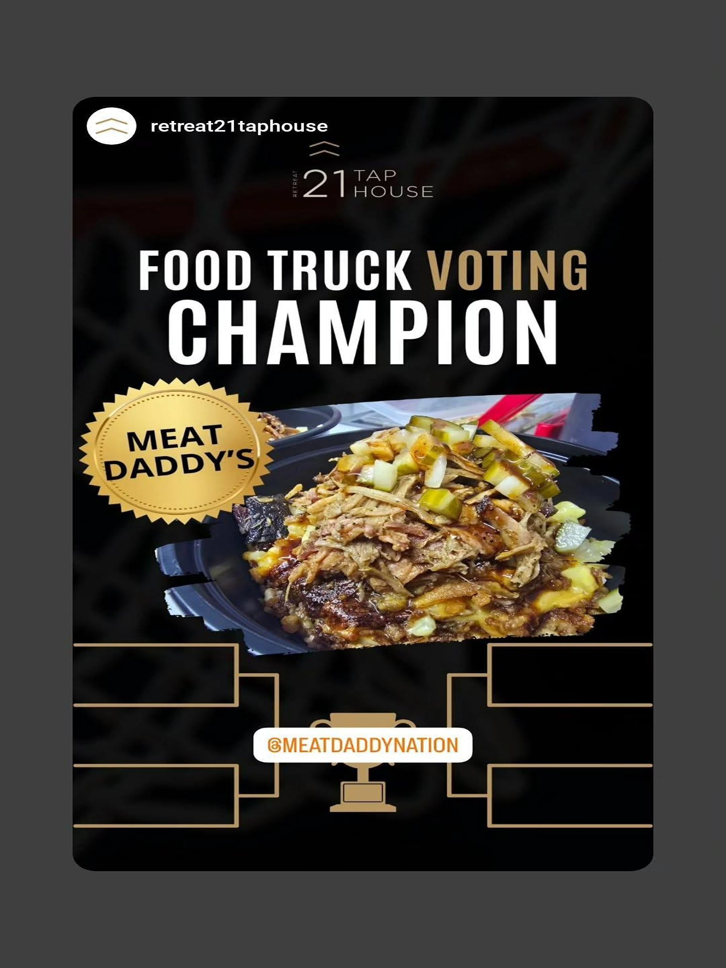 Food truck voting champion poster with a meat-filled dish on a dark background, gold accents, and bold white text
