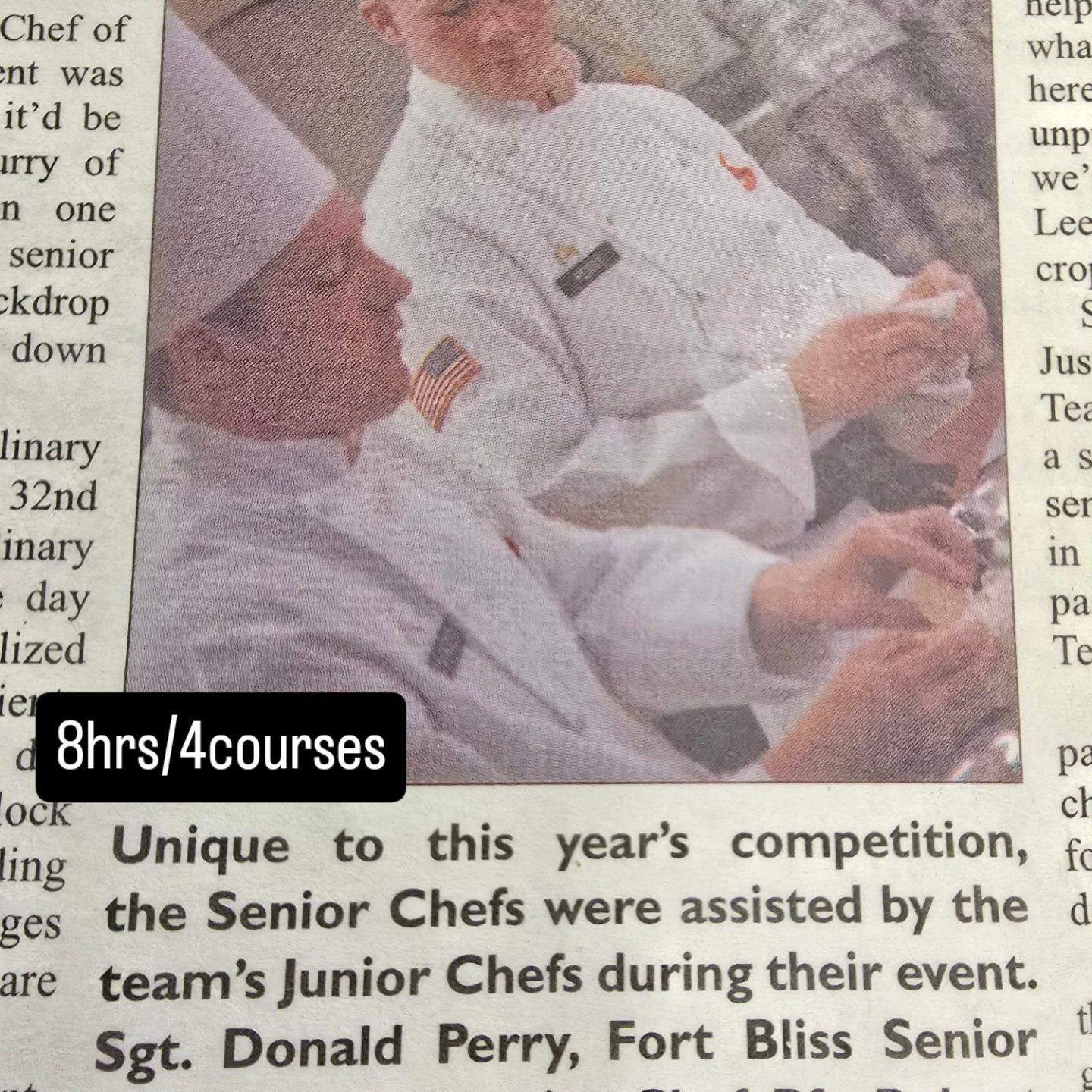 Chef in white jacket plating food at a competition, with text overlay reading “8hrs/4courses.”