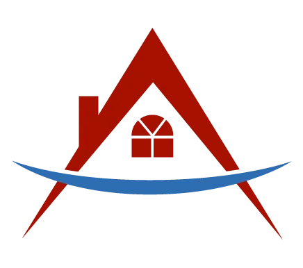 affordable roofing services red roof and house-shaped logo with a blue curved line underneath; a window is visible in the center