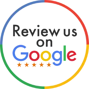 “Review us on Google” graphic with multicolor Google logo and five orange stars inside a circular border