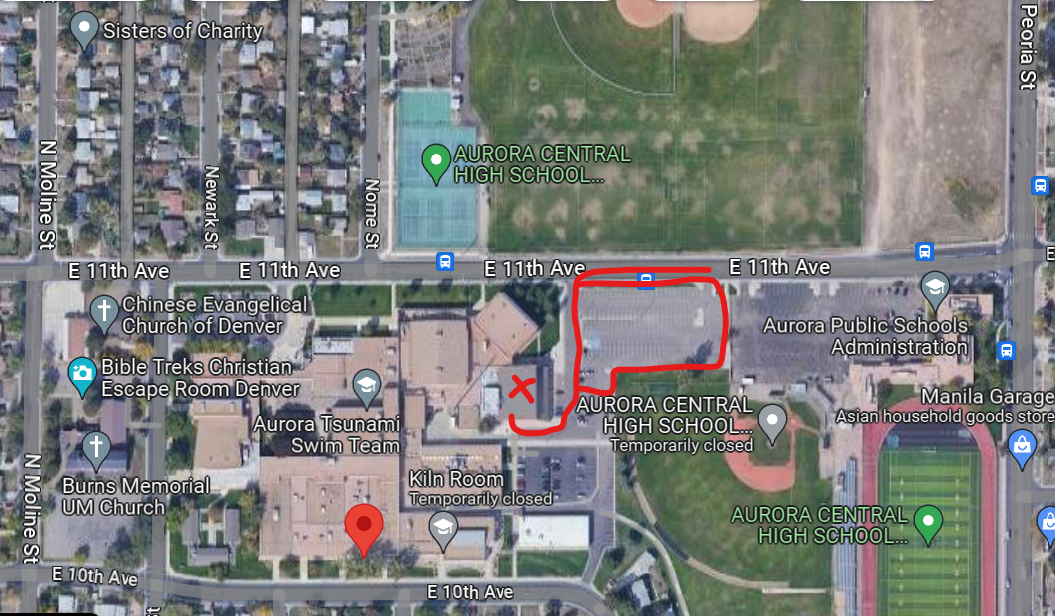 Satellite image of Aurora Central High School parking lot and entrance