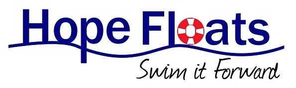 The logo for hope floats is blue and white and says `` swim it forward ''.