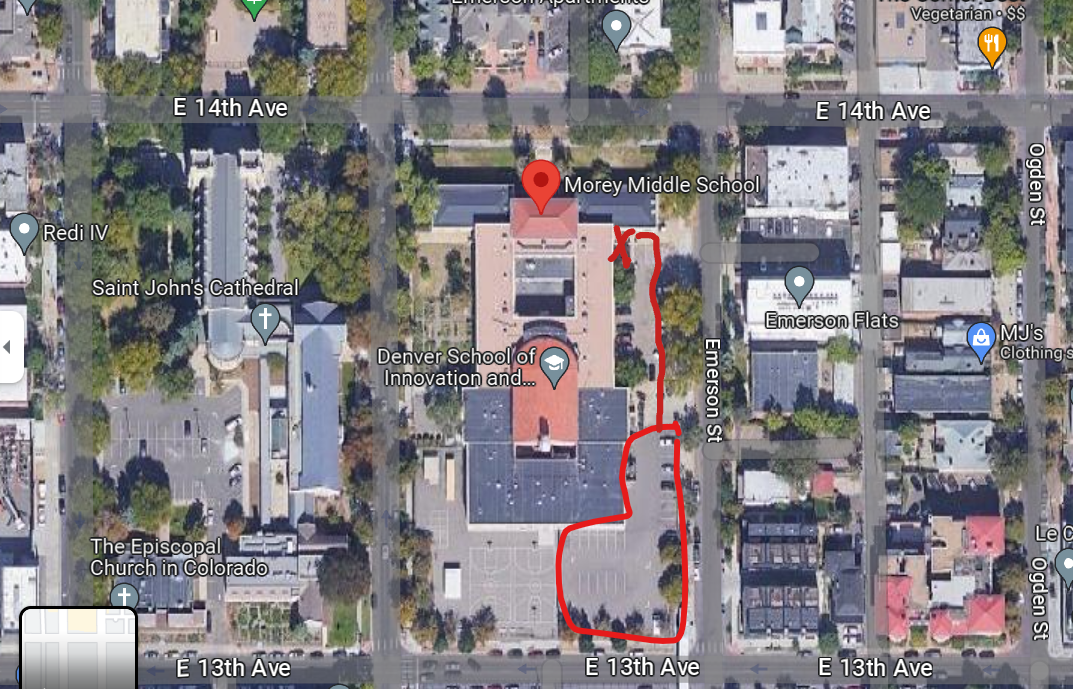 Satellite image of Morey Middle School parking lot and entrance