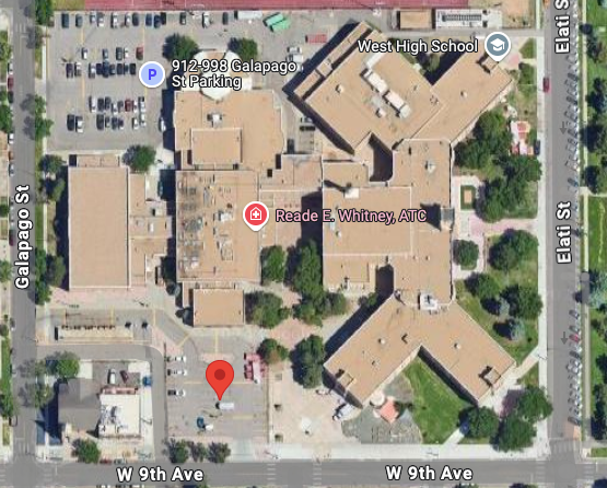 Satellite image of West High School parking lot and entrance