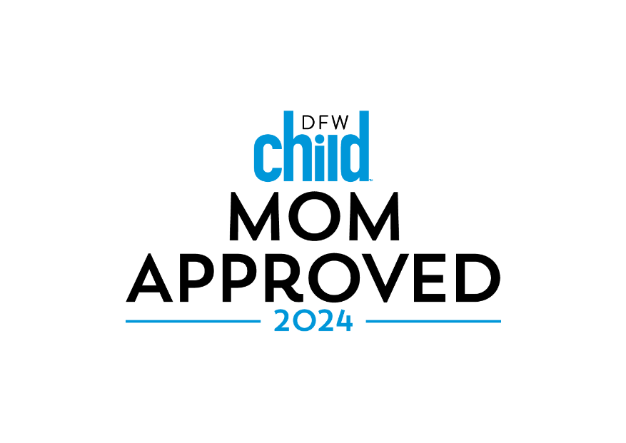 DFW Child Mom Approved 2024 logo in blue and black on a white background