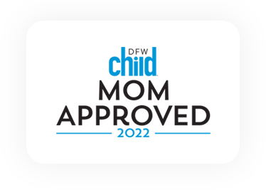 DFW Child Mom Approved 2022 logo in blue and black on white background