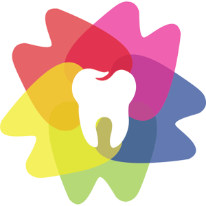 Tooth graphic at the center of colorful, overlapping flower petals.
