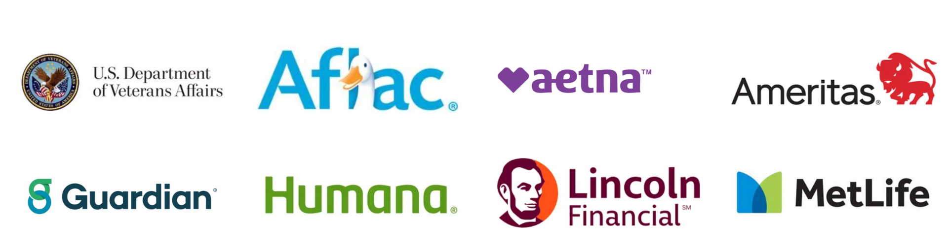Logos of insurance companies including Aflac, Aetna, Humana, and MetLife.