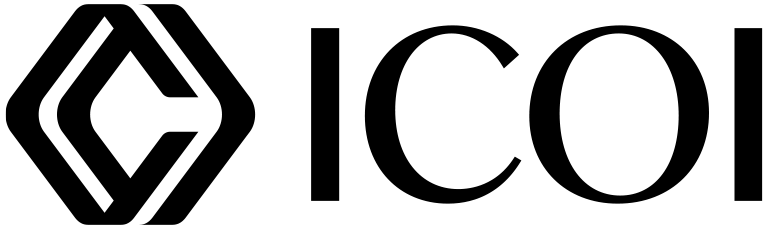 Logo with a black diamond shape and the letters ICOI in black.