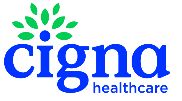 Cigna Healthcare logo in blue with a green leaf design above the word.
