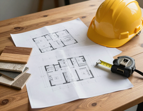 Home plans and material samples on a table