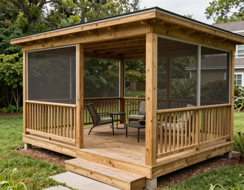 Wood deck with covered porch and screened patio