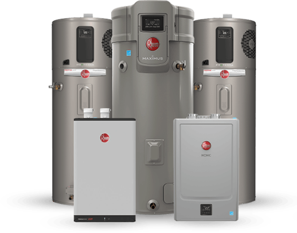 Furnace and water heater in a utility room. Grey metal appliances with detached panels.