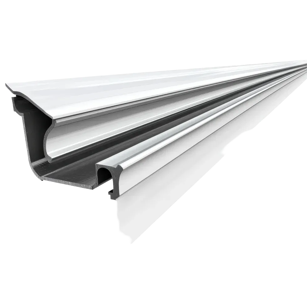 Stacked metal trim strips in gray, brown, and black on a white background