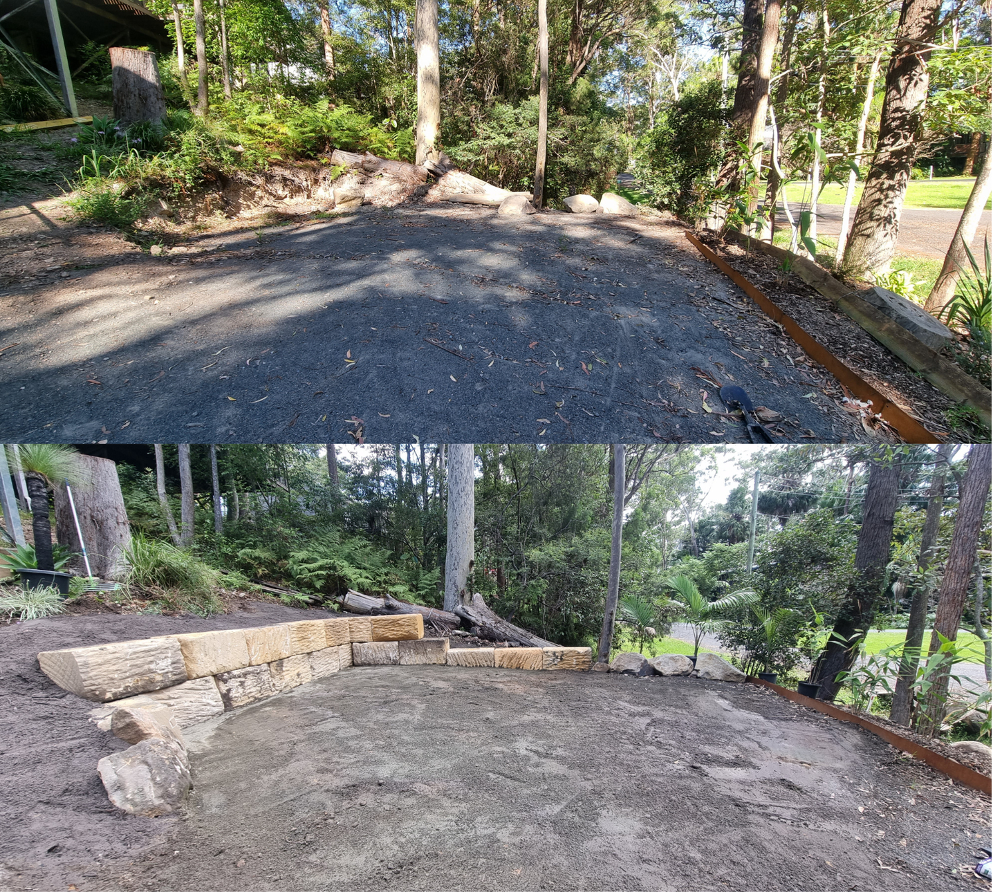 Top: Gravel driveway. Bottom: Driveway under construction with retaining wall. Forest setting.