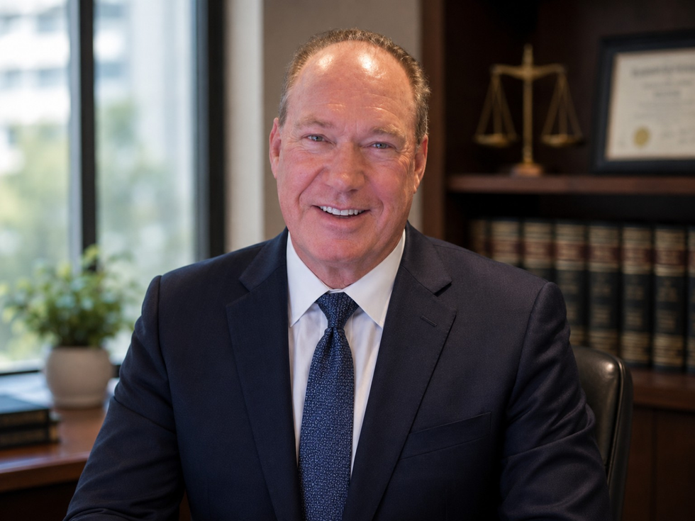 Professional headshot of a man in a dark suit, smiling in front of an office building backdrop