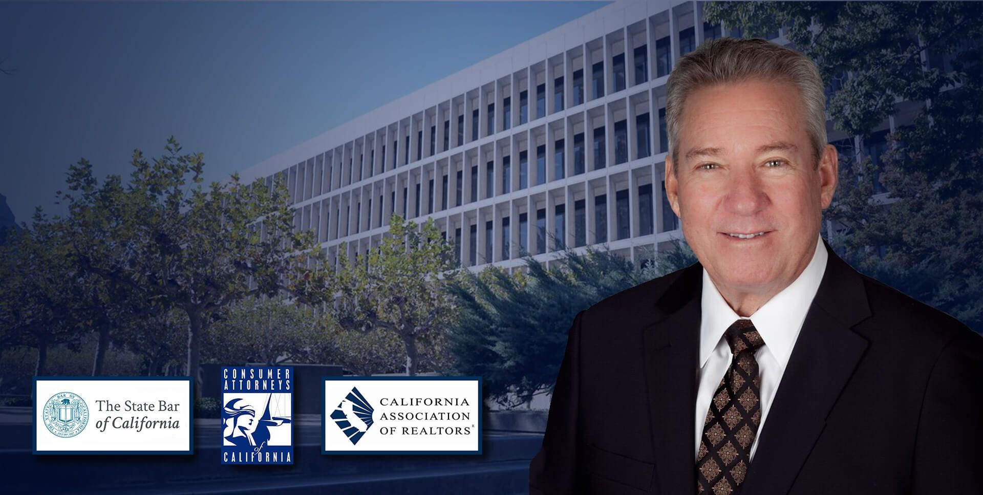 Portrait of a man in a suit over a building backdrop with organization logos