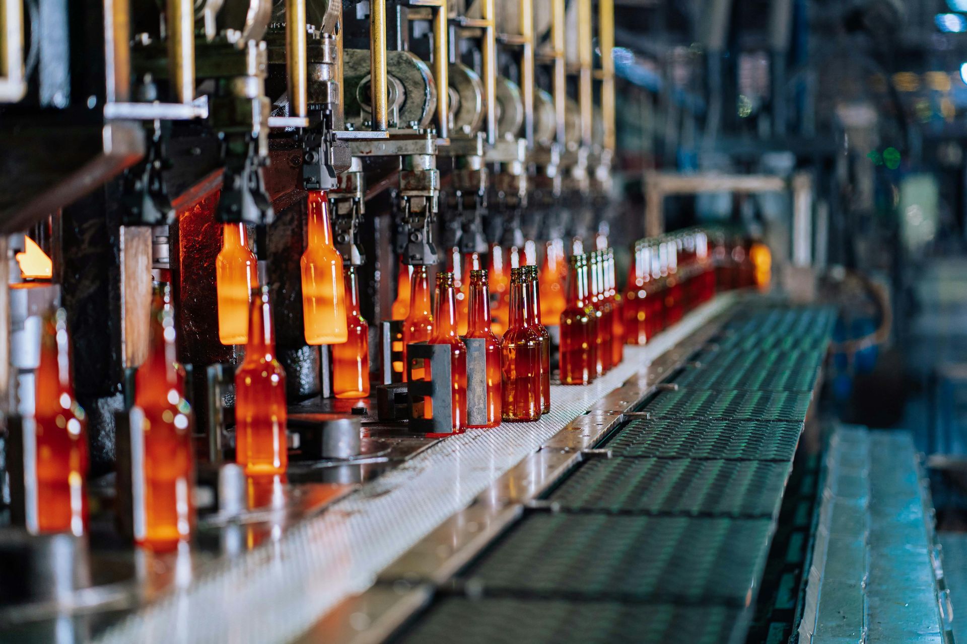 Glass bottles on a factory conveyor line, filled with amber liquid and moving through a production plant