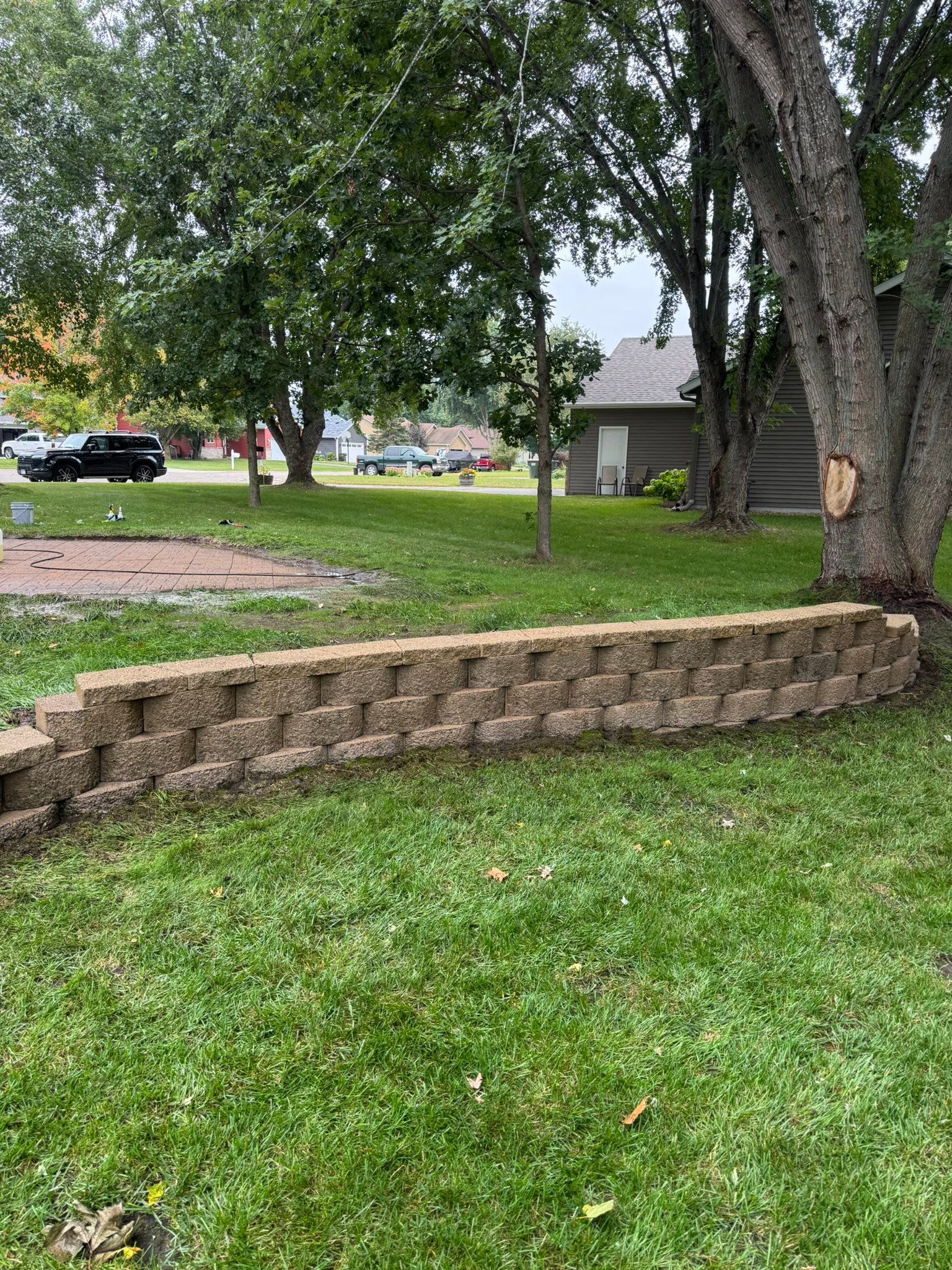 Curved stone retaining wall beneath large trees in a grassy yard near a house