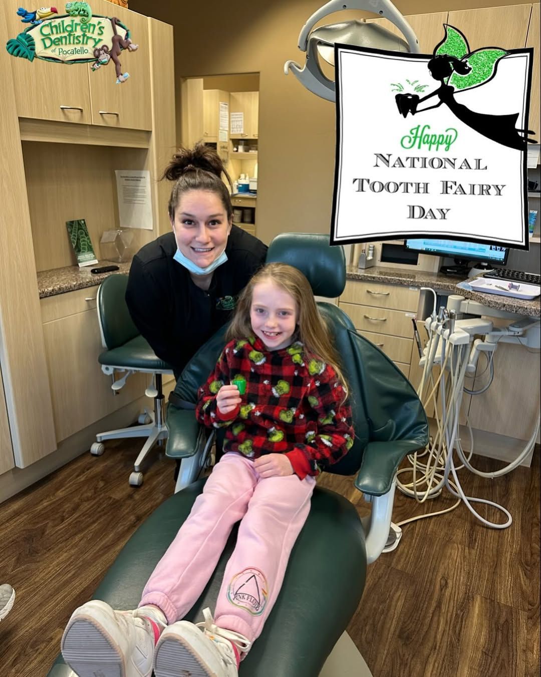 Girl in dentist chair, smiling with dental assistant in green office for National Tooth Fairy Day.