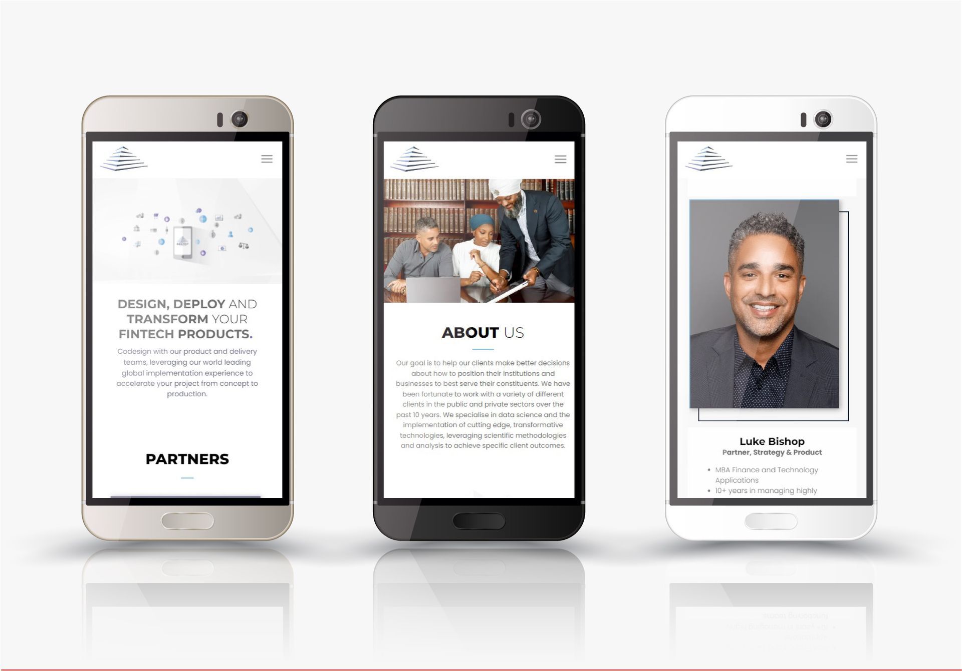 Three smartphones displaying a website with company info, 