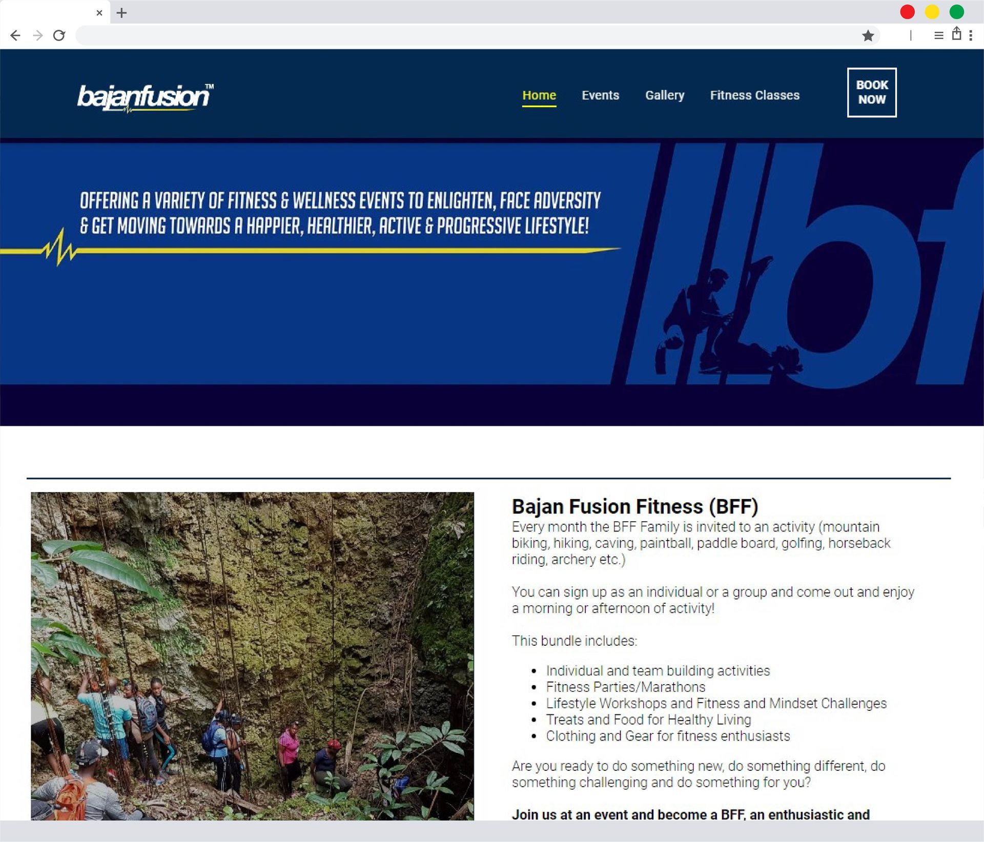 Website header with logo, navigation, and a group of people hiking.