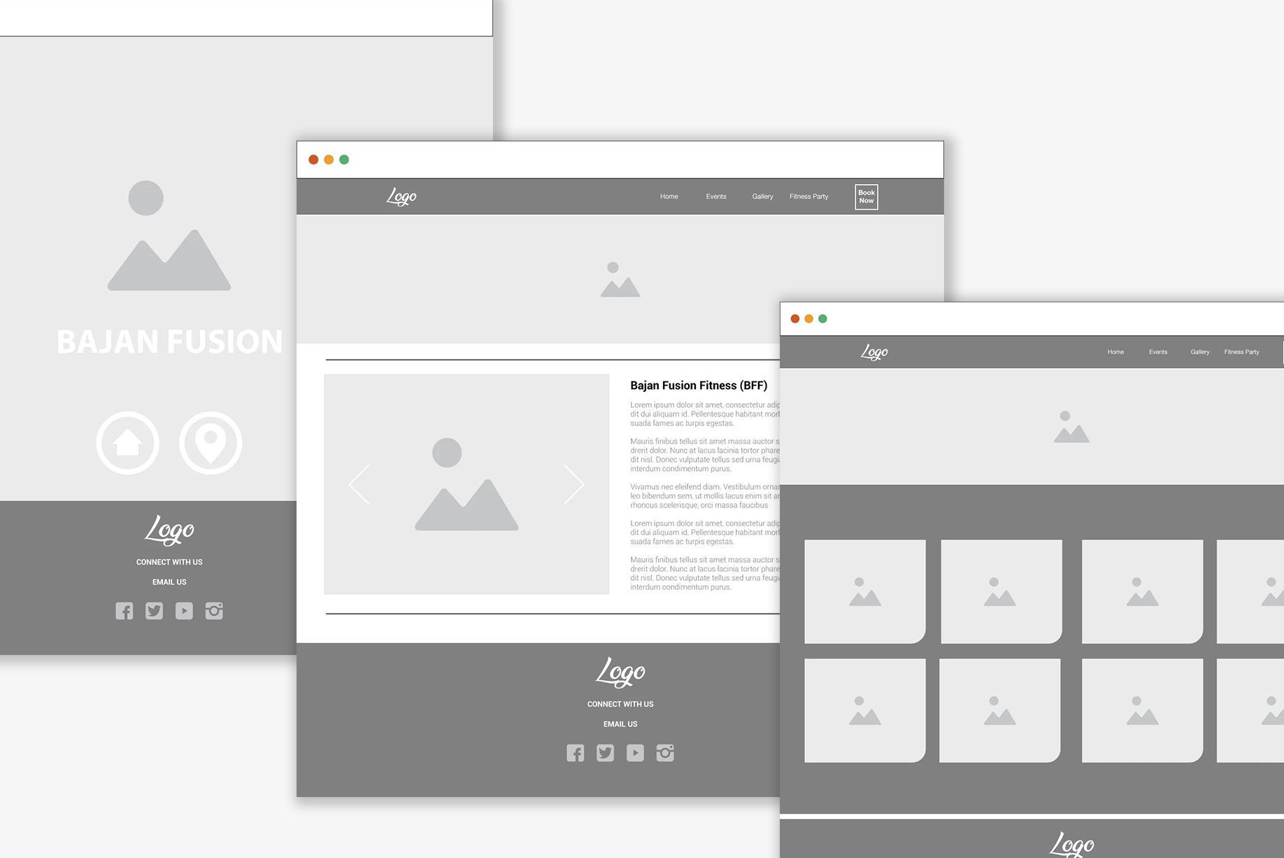 Website wireframes in gray: home page, blog post, and gallery grid layouts.