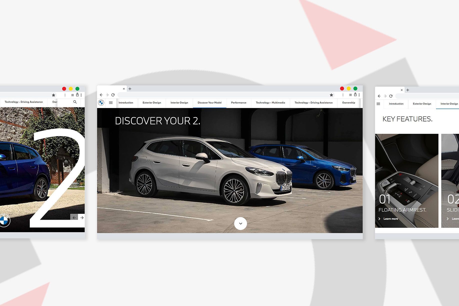 Three BMW website tabs: blue car, silver car, and interior details, all over a white background.