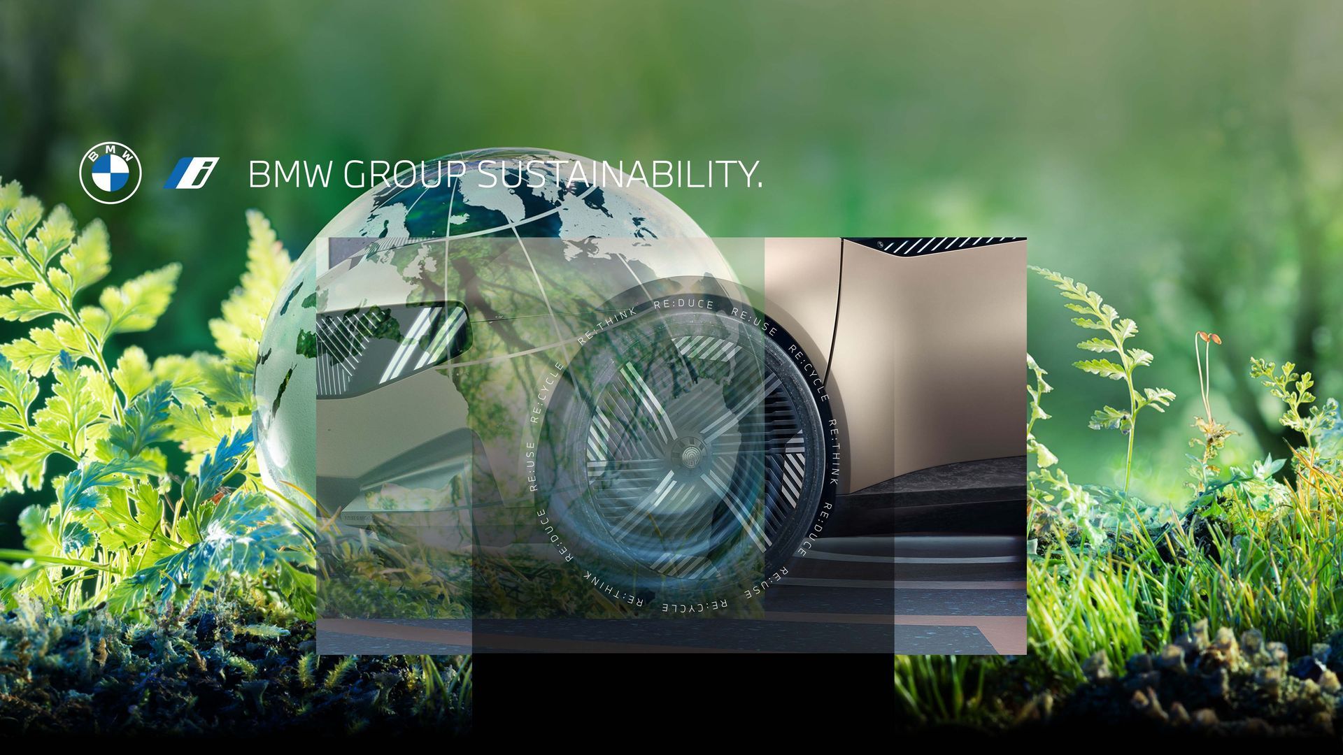 BMW Group sustainability graphic featuring a car wheel overlaid on a globe and greenery.