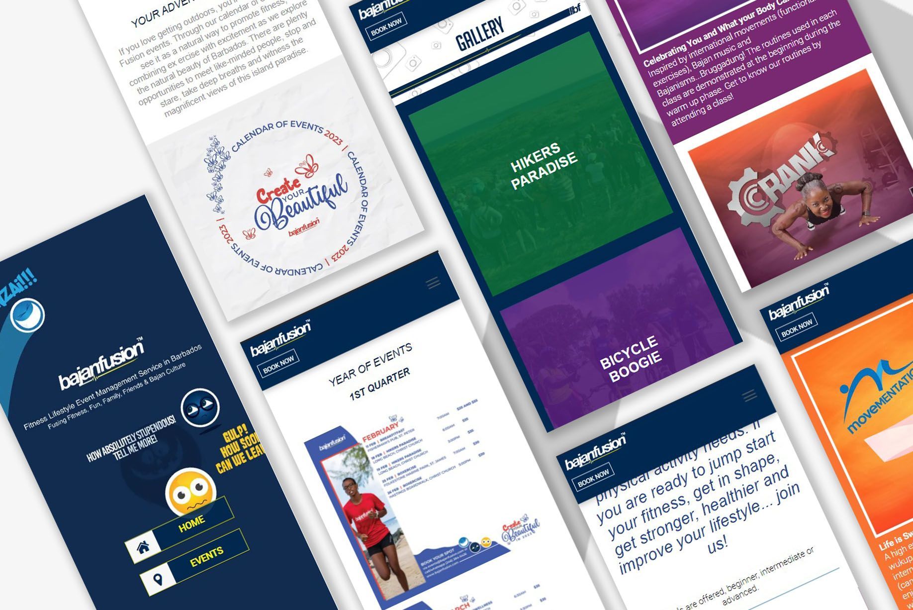Mobile app screens with blue and orange branding, showcasing text and graphics.
