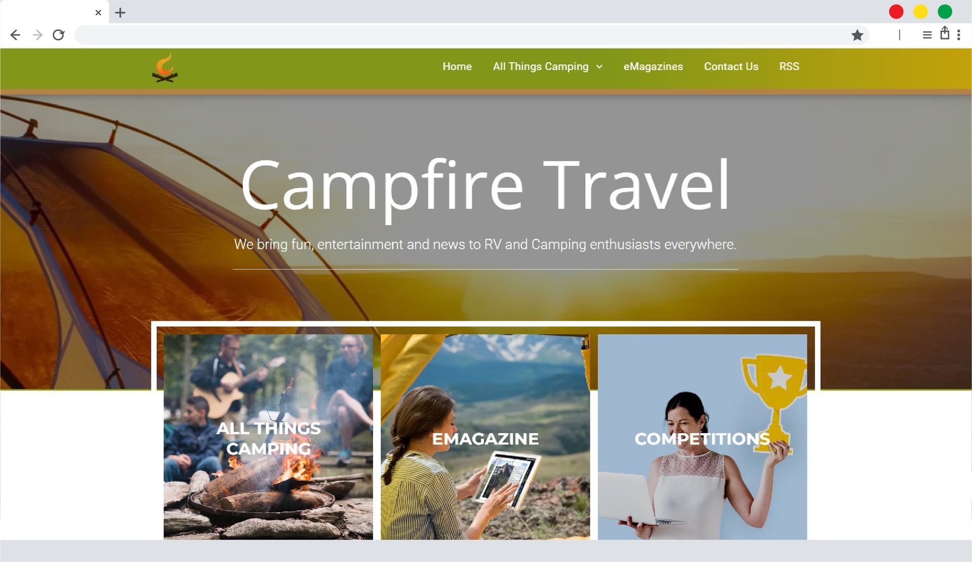 Campfire Travel website homepage. Features a tent, outdoor scenes, and activity cards for trail finding, exploring, and competitions.