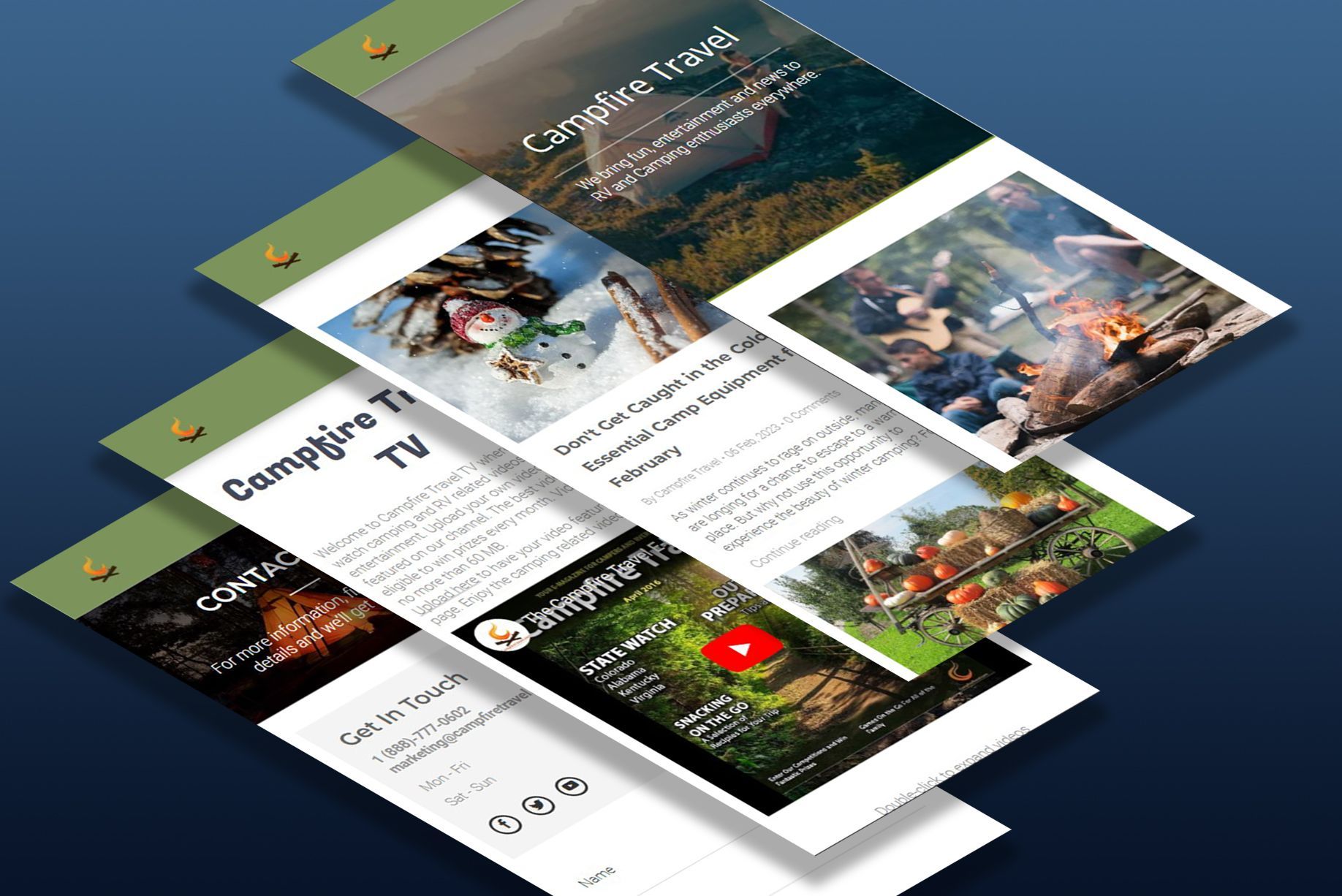 Campfire Travel website mockups stacked at an angle, with camping and outdoor imagery.
