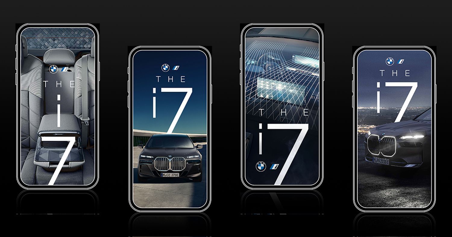 Four smartphone screens displaying different views of the BMW i7 car.
