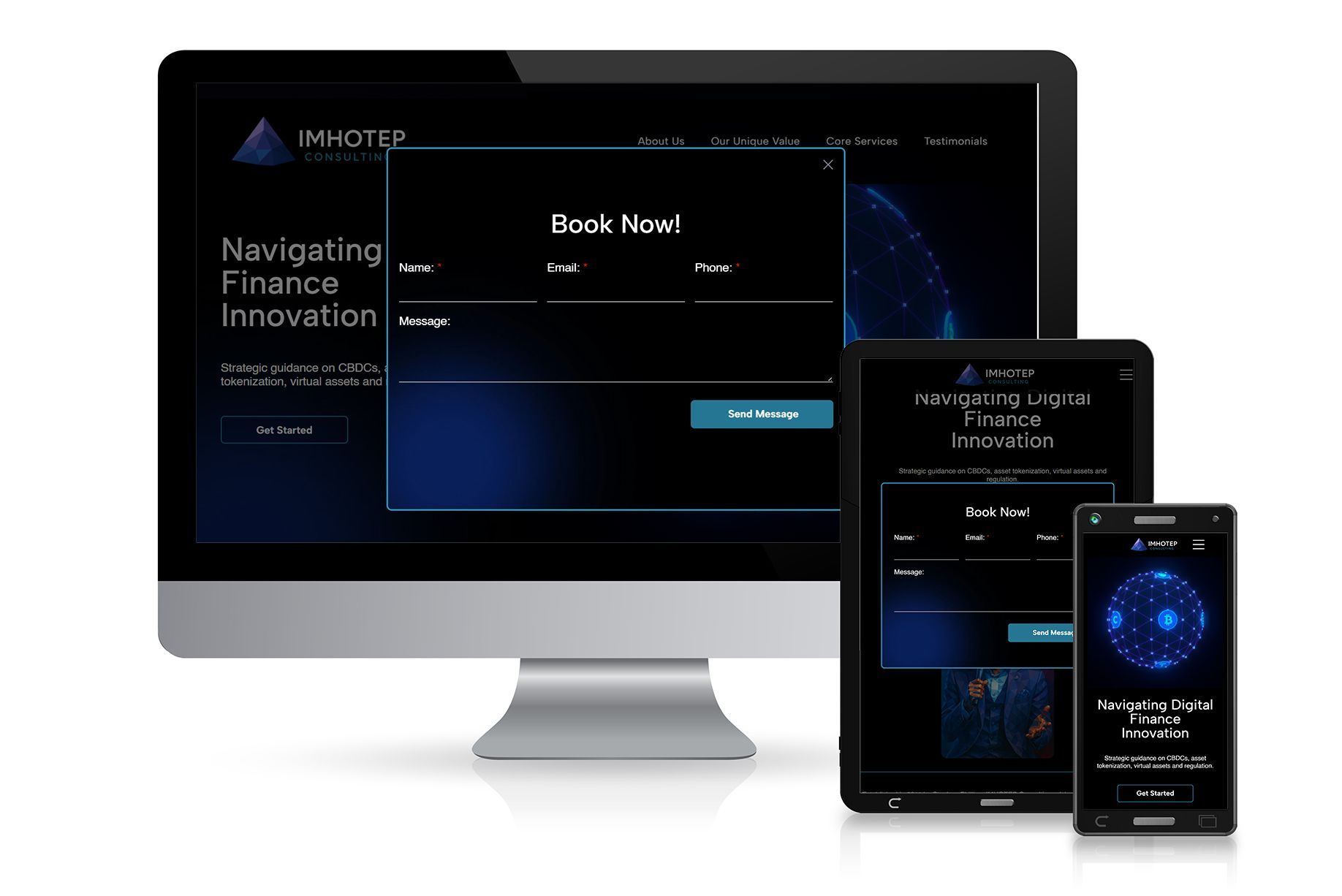 A website mockup on a desktop, tablet, and phone, displaying a finance innovation platform.