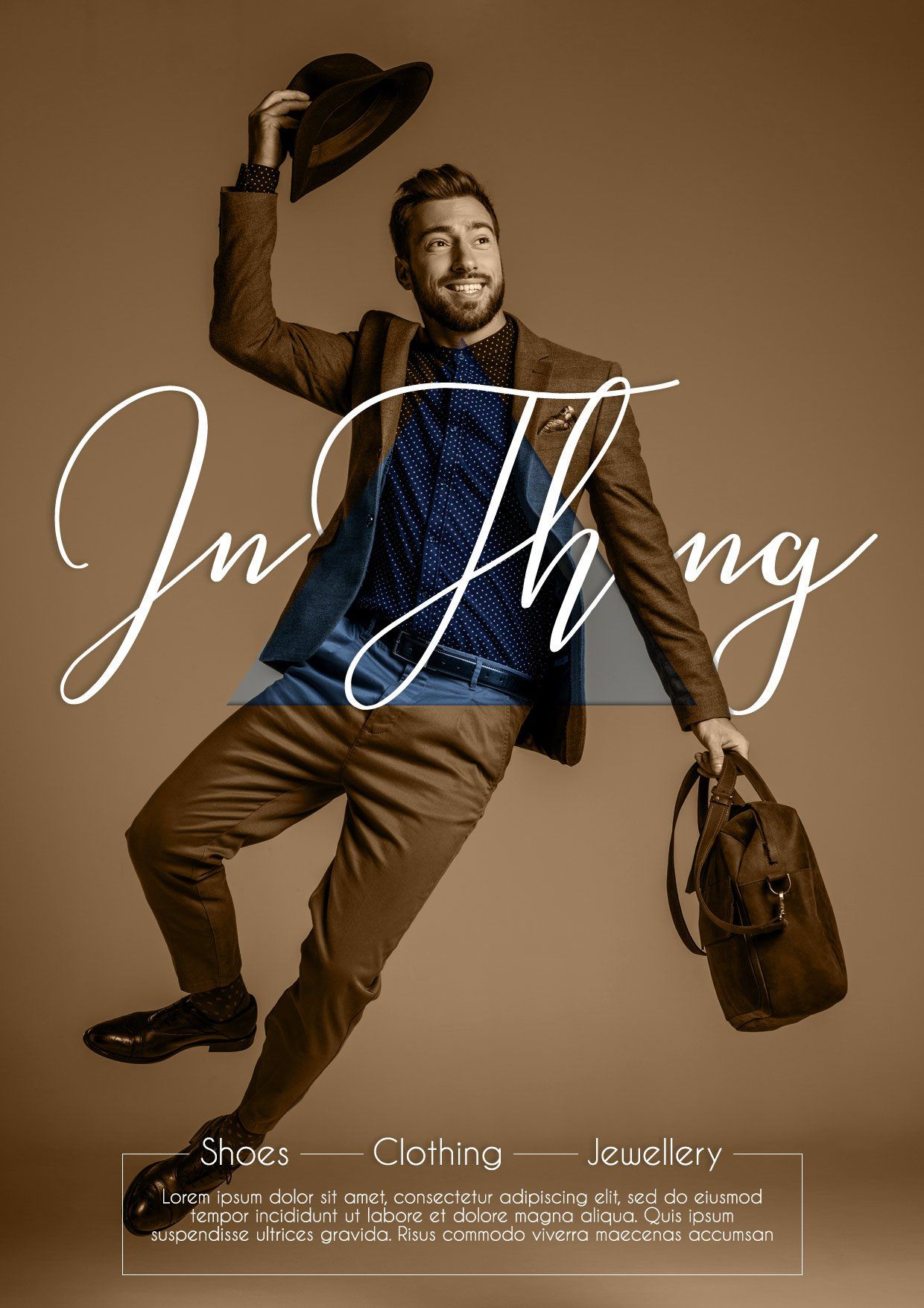 Man in brown suit holding hat and bag;