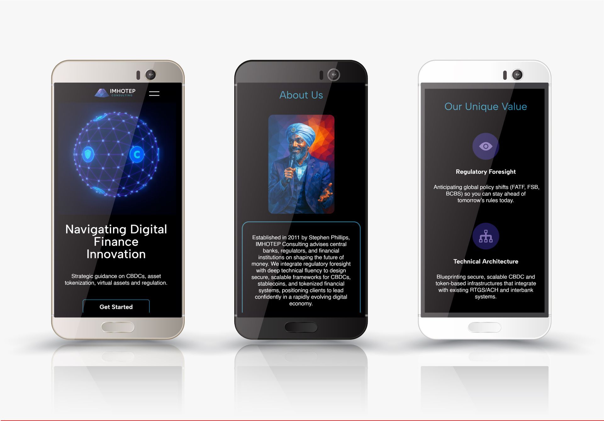 Three smartphones displaying website interfaces with text and graphics on a white background.